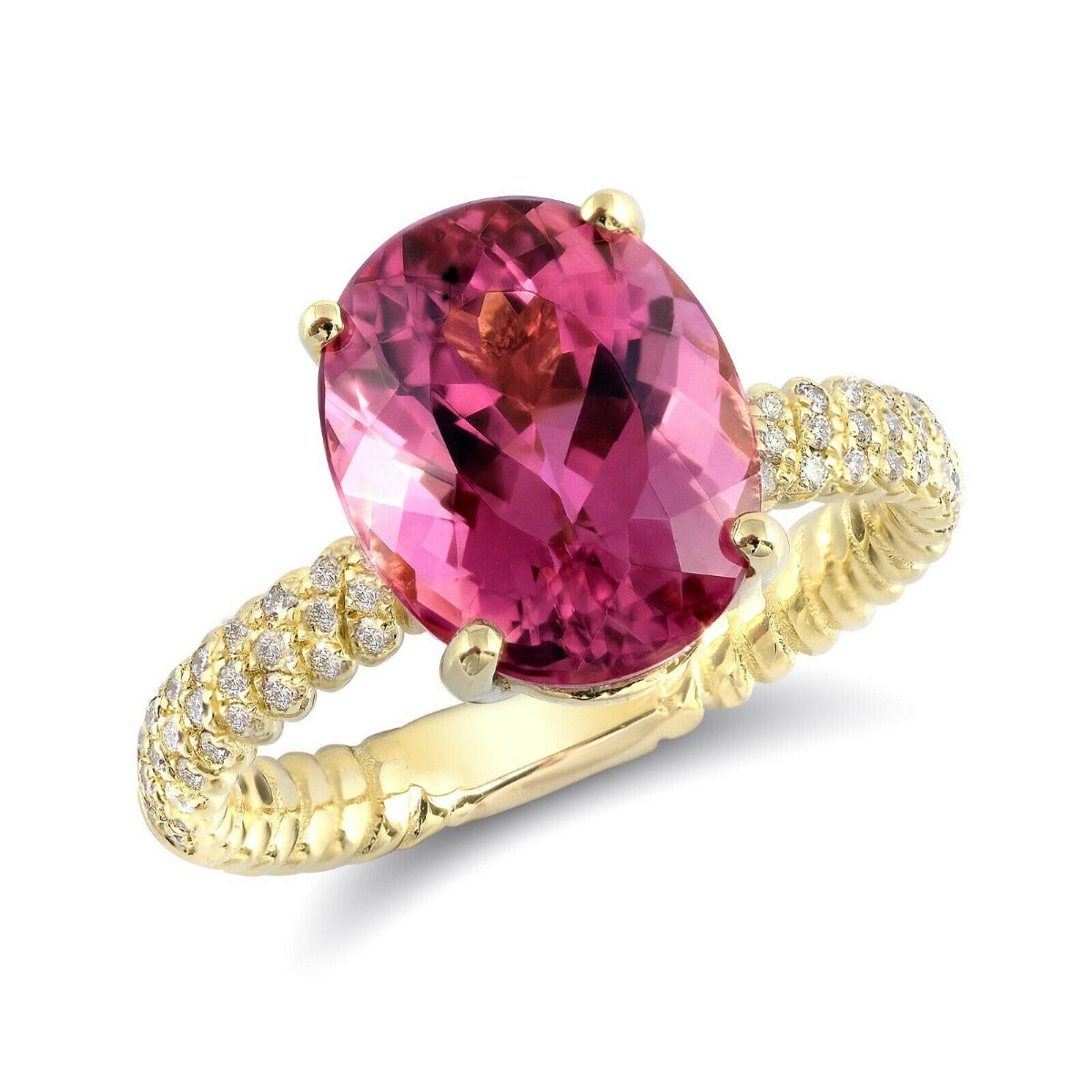 18k Yellow Gold 5.18ct TGW Pink Tourmaline and White Diamond Statement Ring