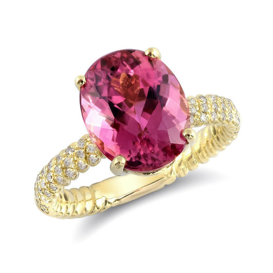 18k Yellow Gold 5.18ct TGW Pink Tourmaline and White Diamond Statement Ring