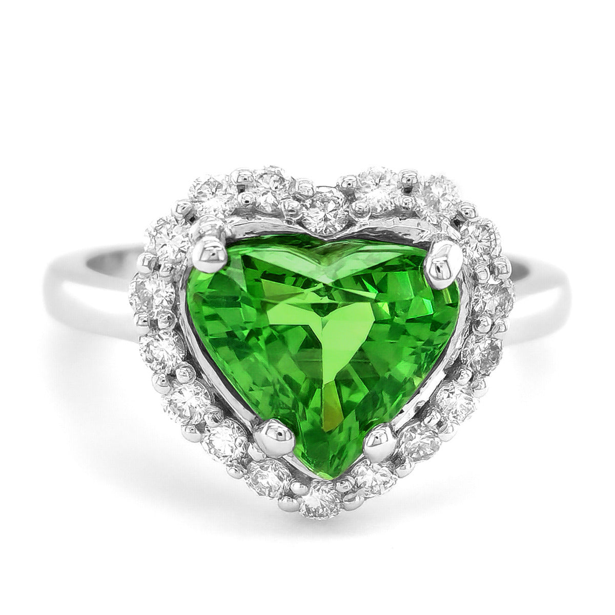 18k White Gold 3.18ct TGW Heart-cut Green Tsavorite and Diamond One-of-a-Kind Ring