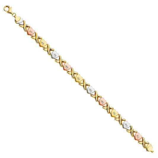 14k Tri-Tone Gold Stampato Heart-Shape XO 7.5-inch Bracelet