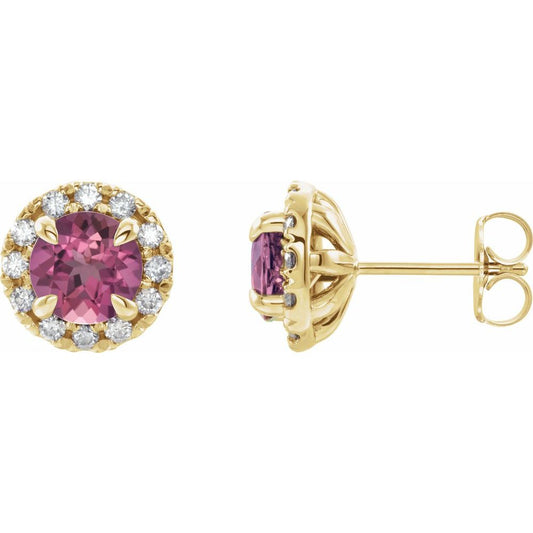 14k Yellow Gold 4 mm Natural Pink Tourmaline & 1/5 CTW Natural Diamond Halo-Style Earrings