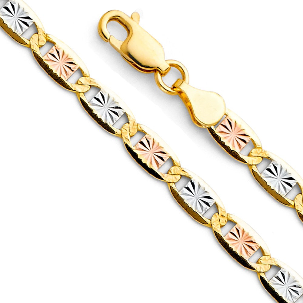 14k Tri-tone Gold 4.2mm Diamond-cut Star Valentino Unisex Chain Bracelet