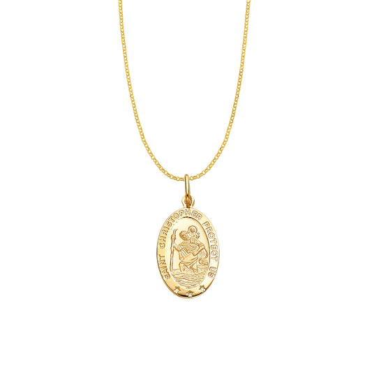 14k Yellow Gold Saint Christopher Oval Medal Pendant with 1.6mm Rolo Chain