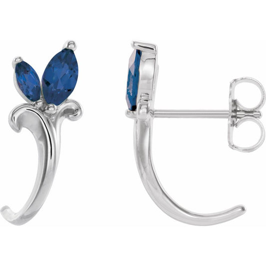 14k White Gold Natural Blue Sapphire Floral J-Hoop Earrings