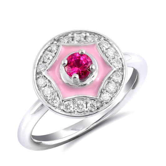 14K White Gold 0.53ct TGW Red Ruby and Diamond Enamel Halo Ring