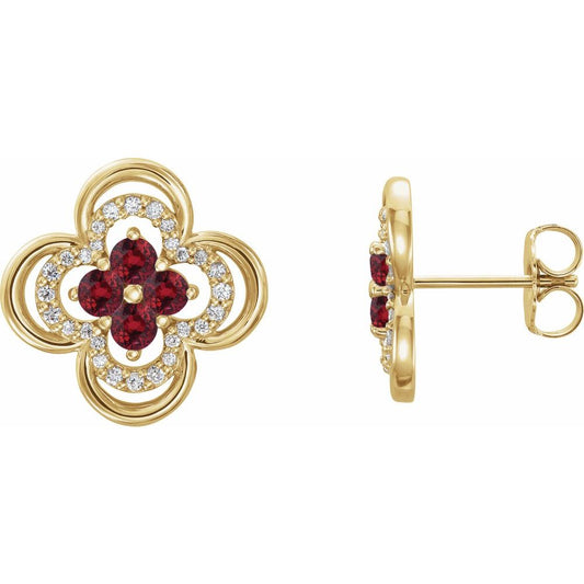 14k Yellow Gold Natural Ruby & 1/5 CTW Natural Diamond Clover Earrings