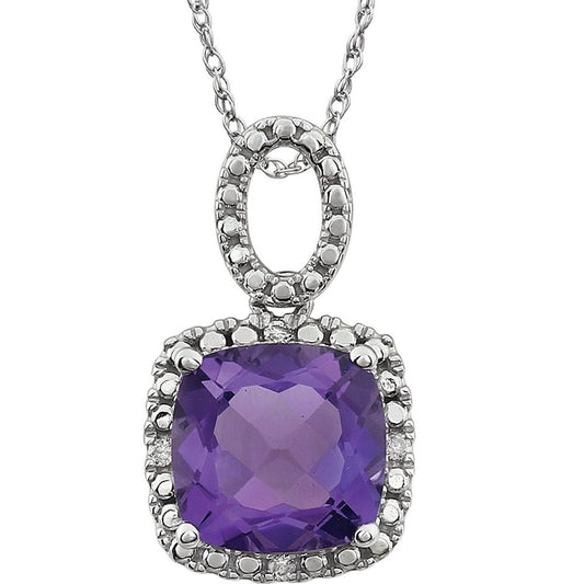 14k White Gold Natural Amethyst & .03 CTW Natural Diamond 18" Necklace