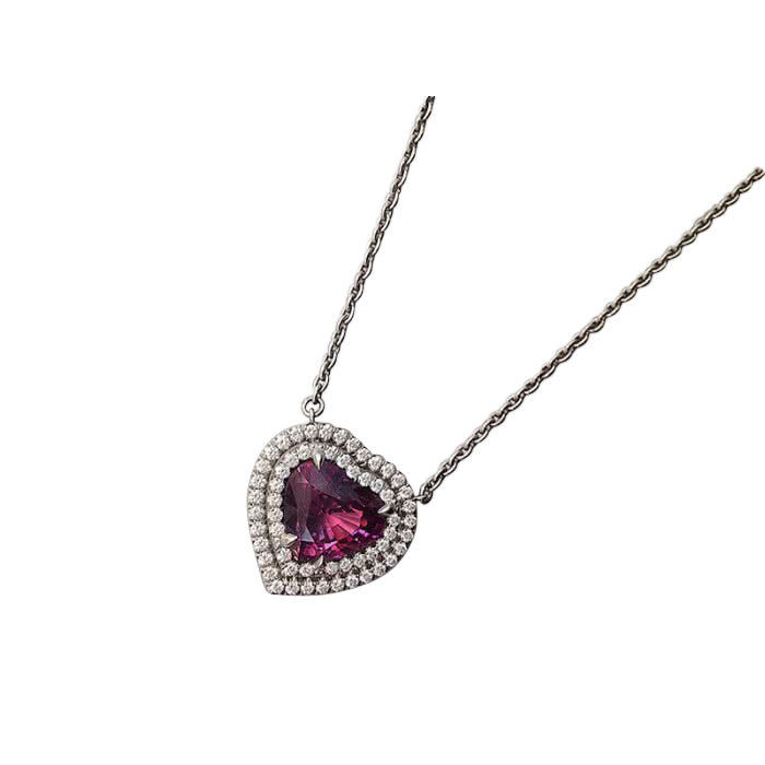 Platinum 7.21ct Red-Purple Sapphires and White Diamond Heart Pendant Necklace