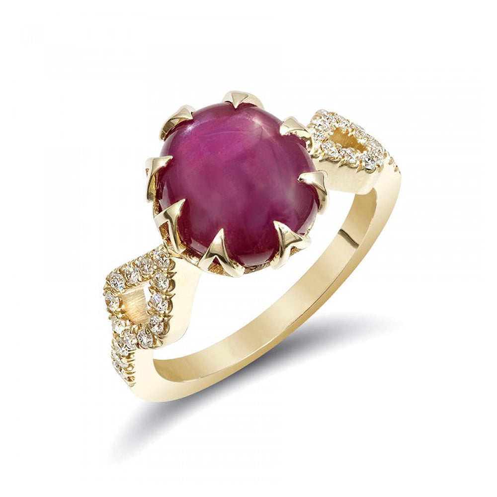 14k Yellow Gold 5.67ct TGW Certified Star Ruby and White Diamond Ring