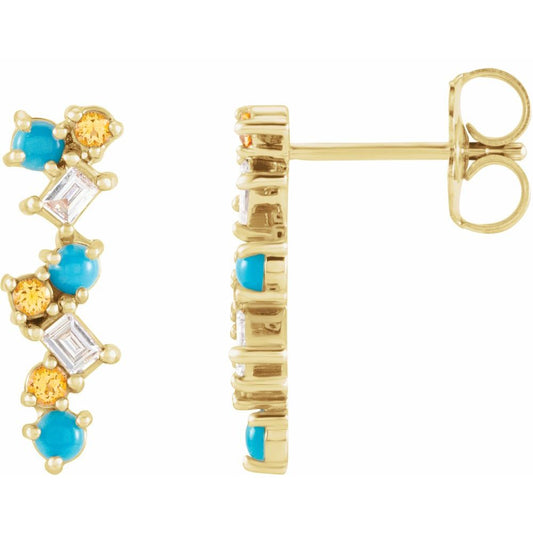 14k Yellow Gold Natural Turquoise, Natural Honey Topaz & 1/10 CTW Natural Diamond Scattered Bar Earrings