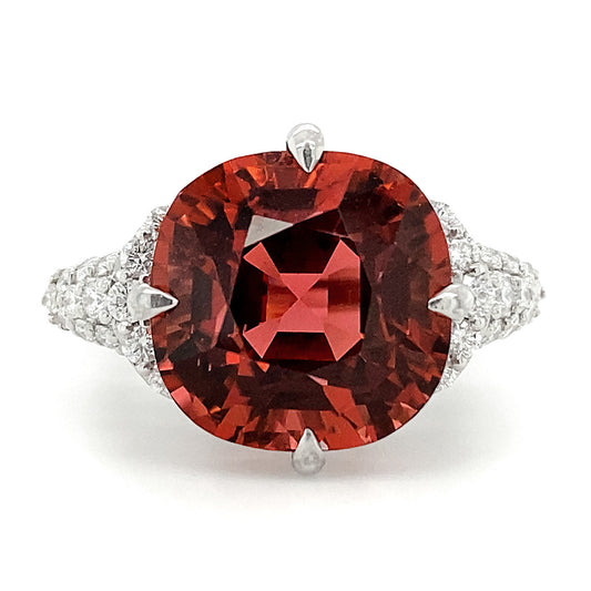 18k White Gold 15.47ct TGW Red Orange Tourmaline and Diamond One-of-a-Kind Ring