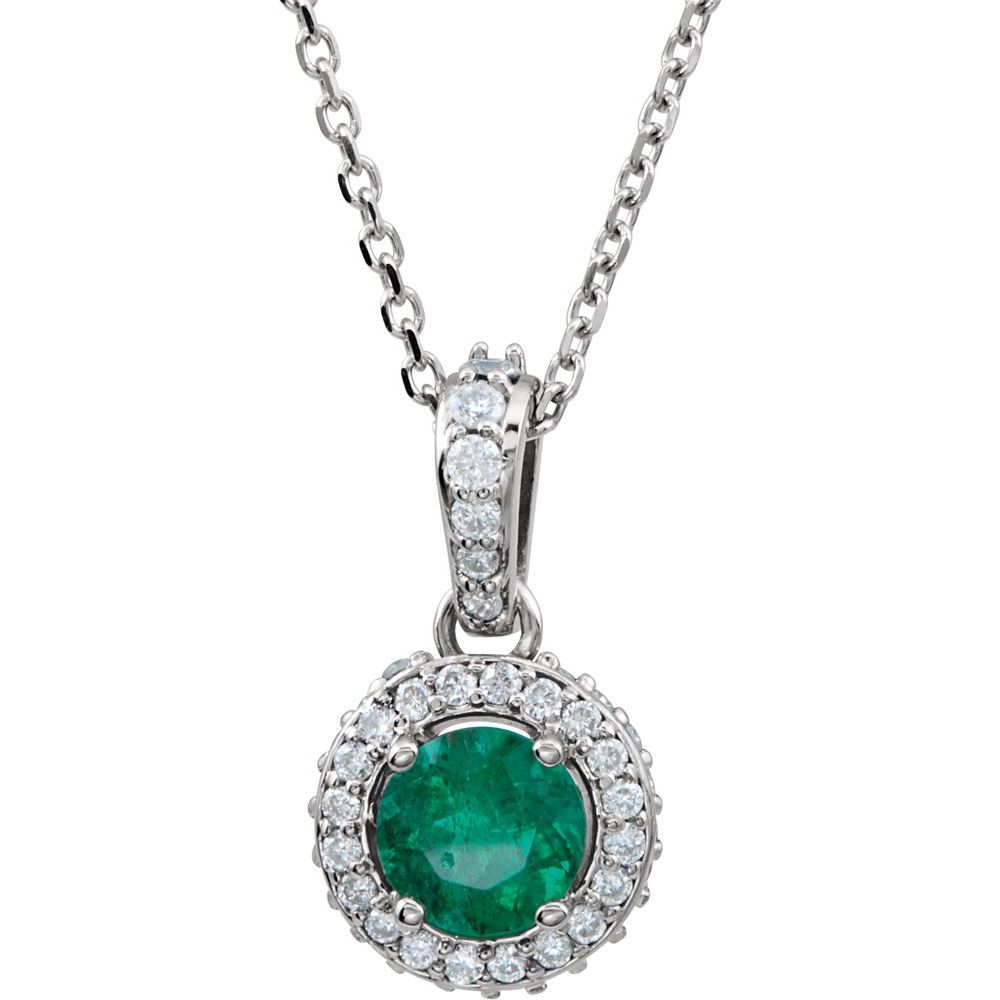 14k White Gold Natural Emerald & 1/5 CTW Natural Diamond 18" Necklace