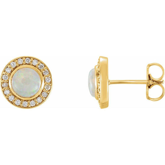 14k Yellow Gold 5 mm Natural White Opal & 1/6 CTW Natural Diamond Halo-Style Earrings