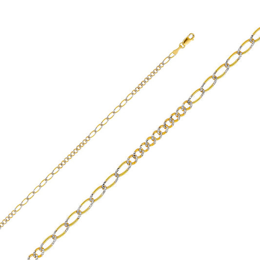 14k Yellow Gold 2.6mm White Pave 10+7 Figaro Unisex Chain Necklace