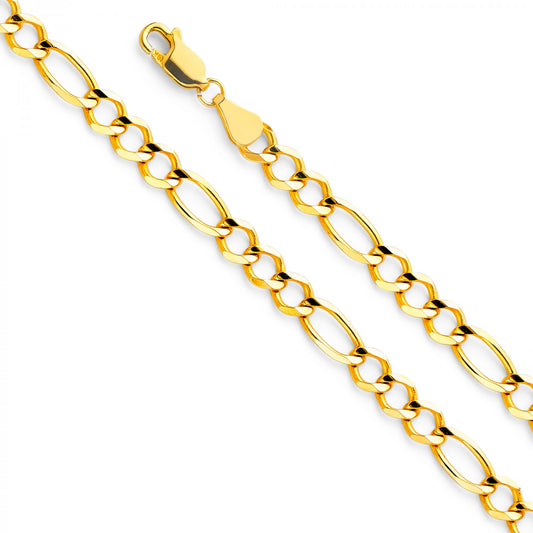 14k Yellow Gold 5.6mm Wide Light Open 3+1 Figaro Concave Chain 8" Bracelet