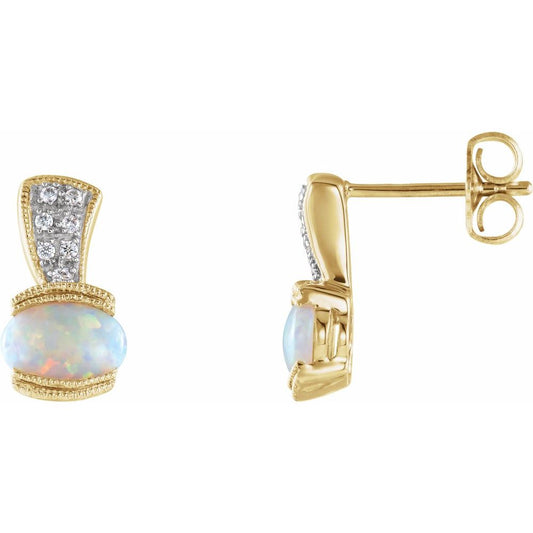 14k Yellow Gold Natural White Opal & .07 CTW Natural Diamond Earrings