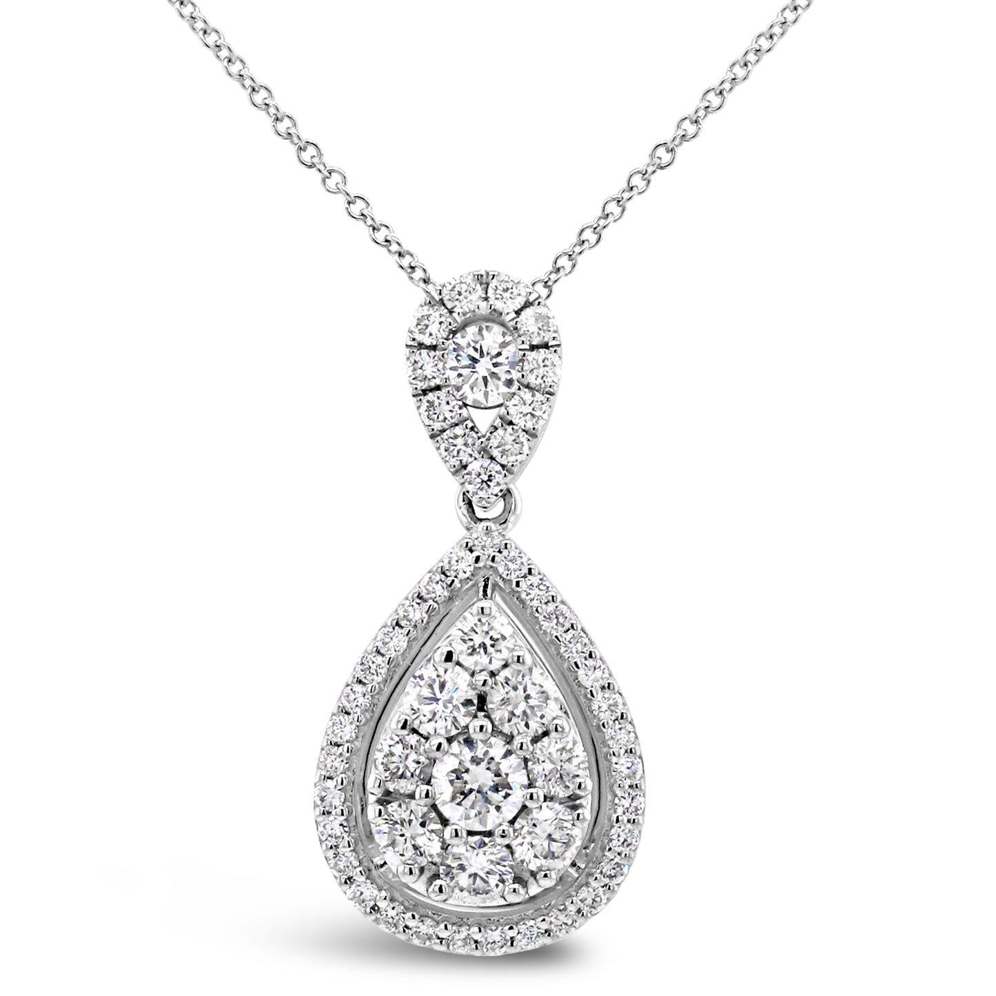 18k White Gold 7/8ct White Diamond Double Tear Drop Pendant Necklace