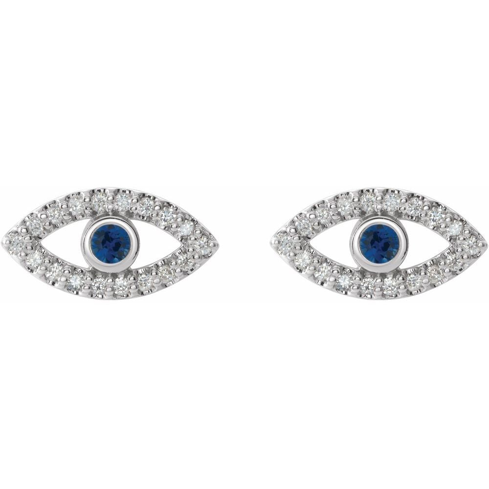 14K White Gold Natural Blue Sapphire & Natural White Sapphire Evil Eye Earrings