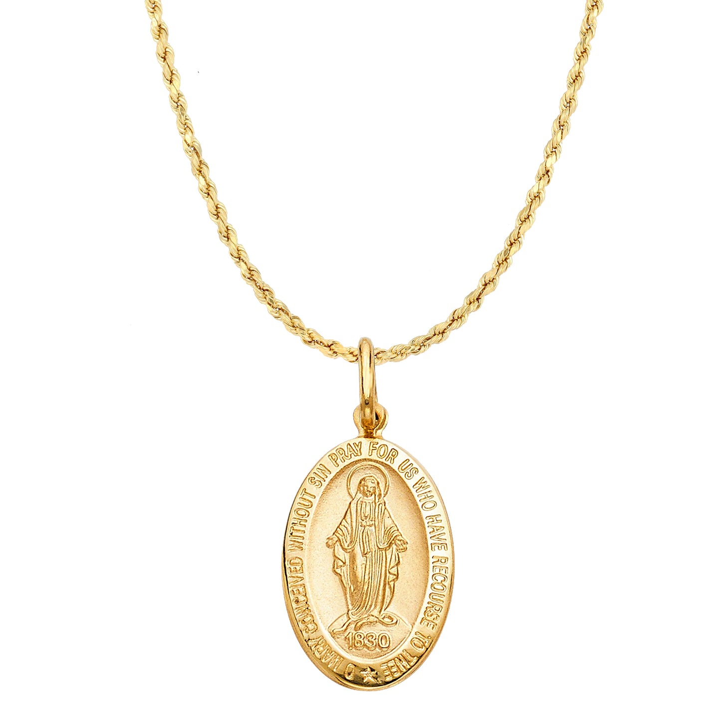 14k Yellow Gold Miraculous Medal Pendant with 3mm Hollow Rope Chain