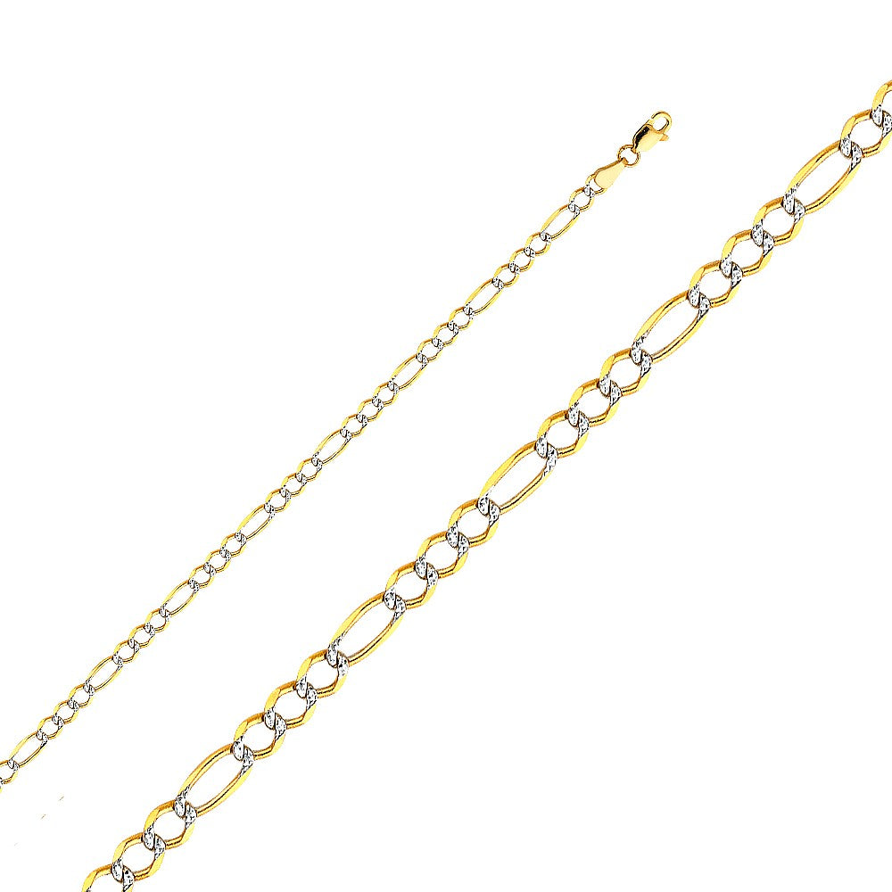 14k Two-tone Gold 3.9-mm Open Light White Pave 3+1 Figaro Chain 7.5 inch Bracelet