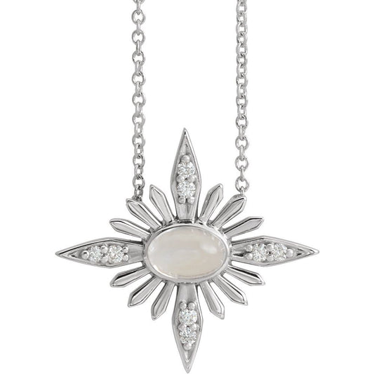 14k White Gold Natural Rainbow Moonstone & .08 CTW Natural Diamond Celestial 16-18" Necklace