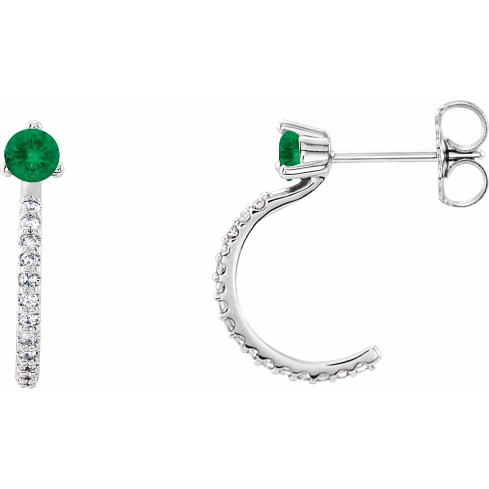 14k White Gold Lab-Grown Emerald & 1/6 CTW Natural Diamond Hoop Earrings