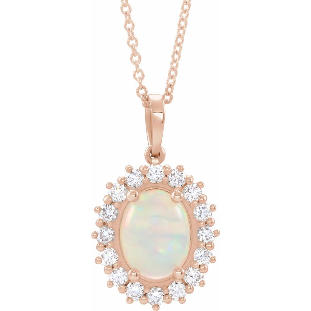 14k Rose Gold Natural White Ethiopian Opal & 1/3 CTW Natural Diamond Halo-Style 16-18" Necklace