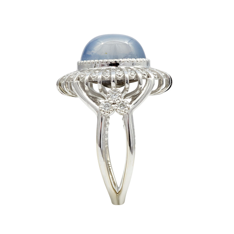 14k White Gold 10.47ct TGW Gray-Blue Star Sapphire and White Diamond Ring