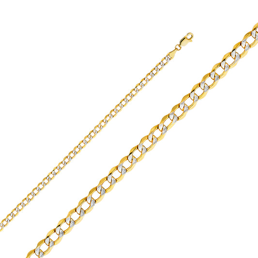 14k Two-tone Gold 4.3mm White Pave Hollow Cuban Unisex Chain Bracelet (7.5")