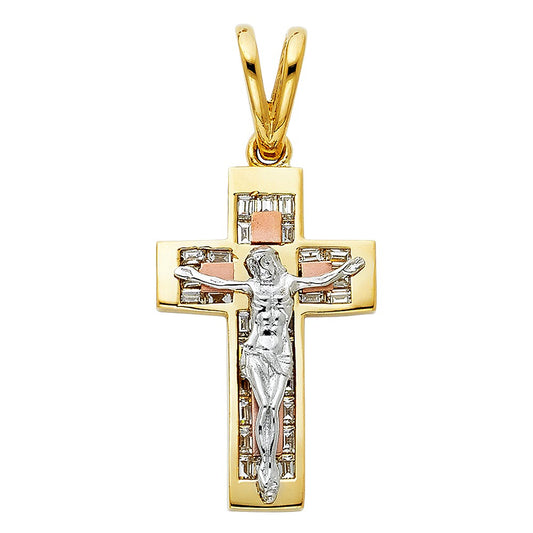 14k Tri-Tone Gold Cubic Zirconia Fancy Crucifix Pendant