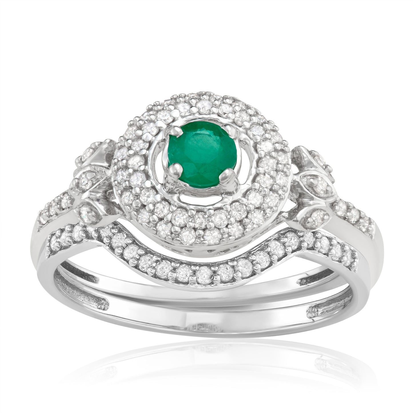 10K White Gold 0.61ct TW Emerald and Diamond Bridal Set