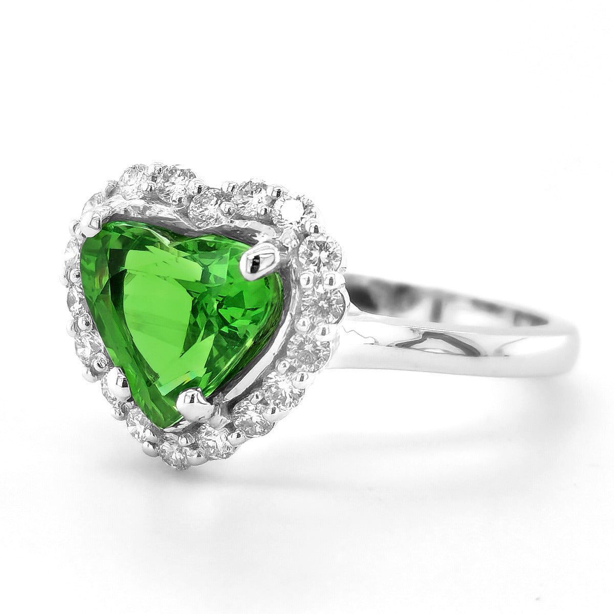 18k White Gold 3.18ct TGW Heart-cut Green Tsavorite and Diamond One-of-a-Kind Ring