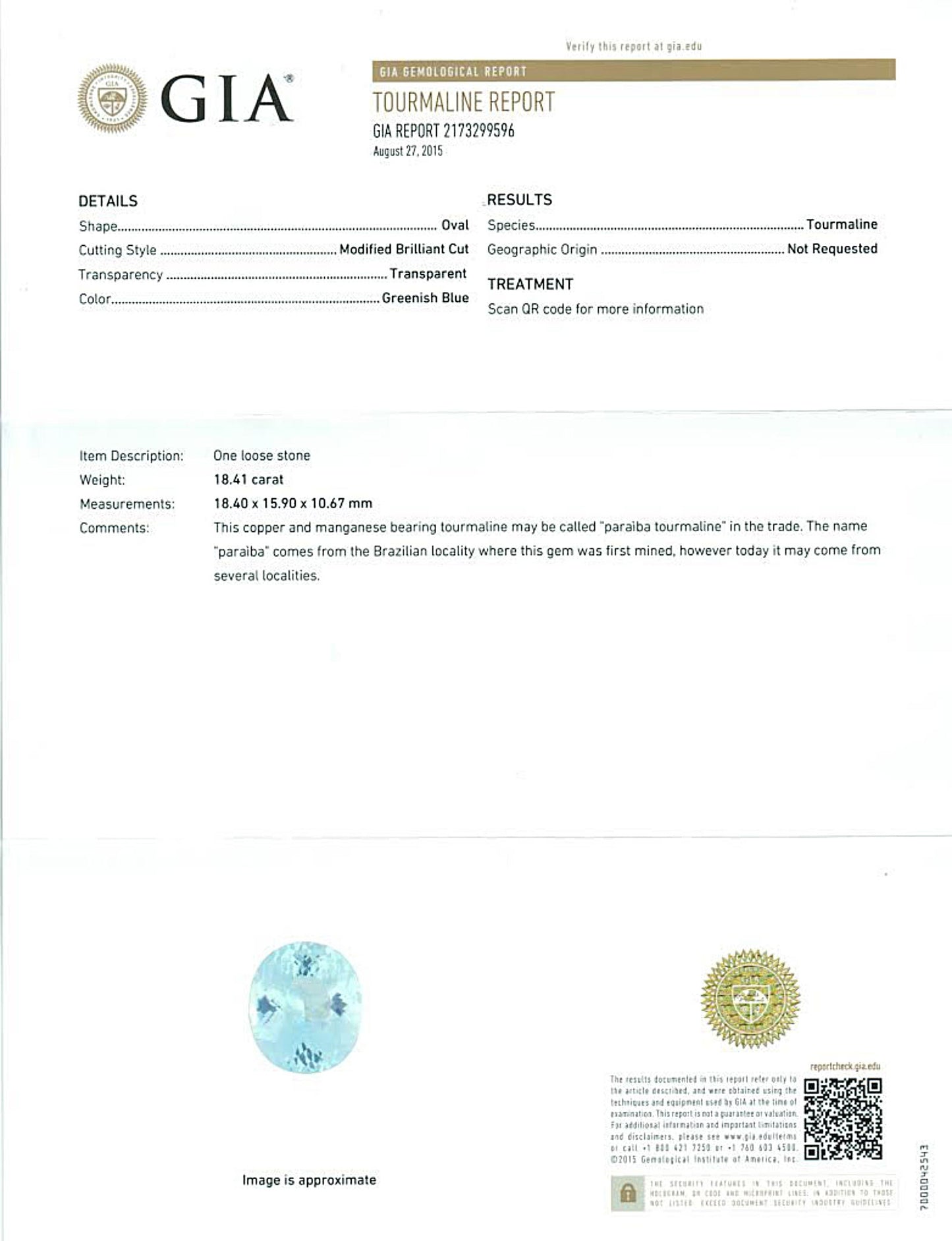 Natural Green-Blue Mozambique Copper Bearing Paraiba Tourmaline Oval-shape 18.41 carats with GIA Report