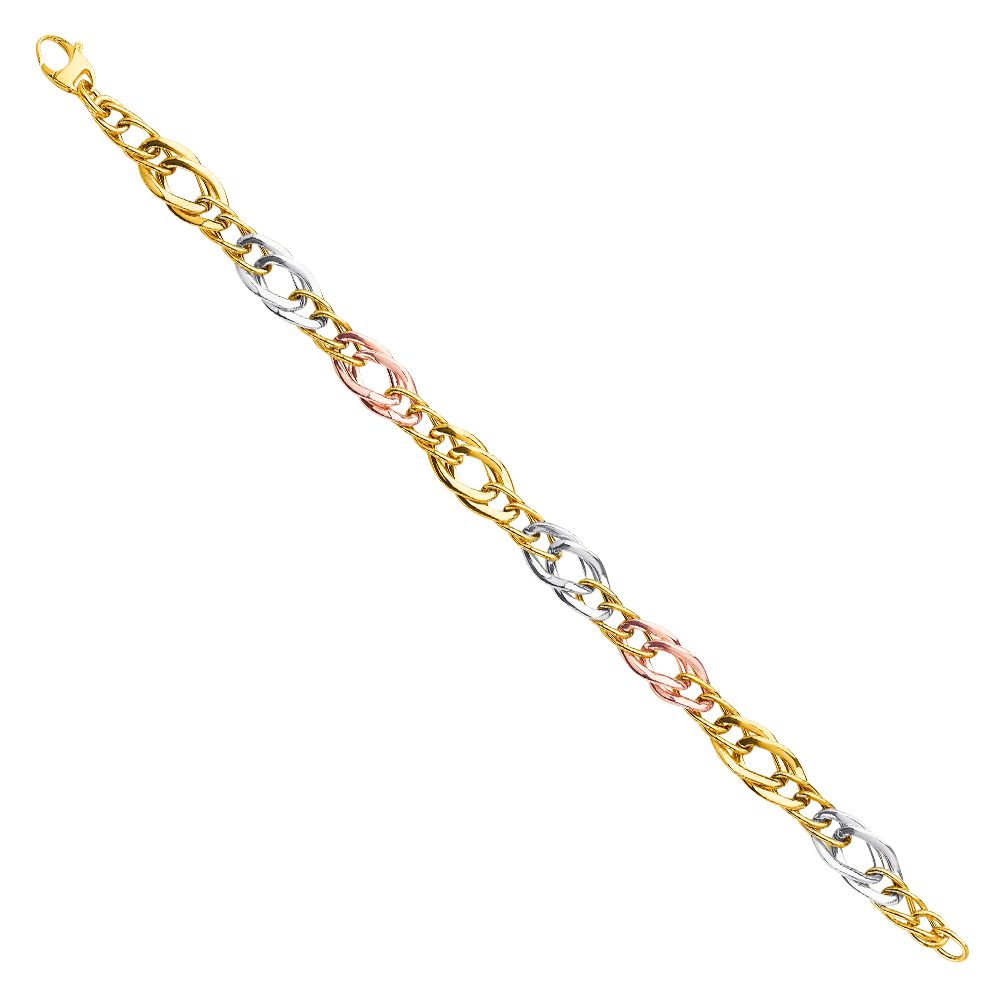 14K Tri-Tone Gold Graduated Interlocking Hollow Link 7.5" Bracelet