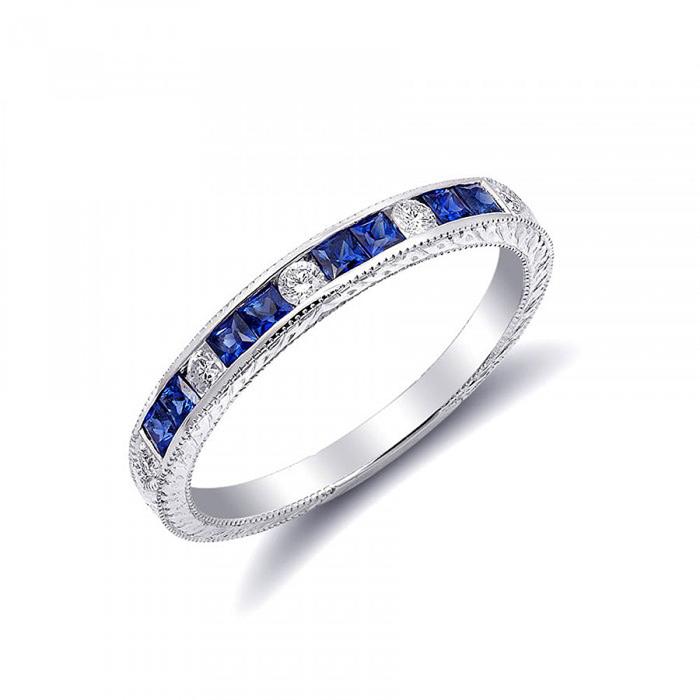 18k White Gold 0.51ct TGW Natural Blue Sapphire and White Diamond Wedding Band