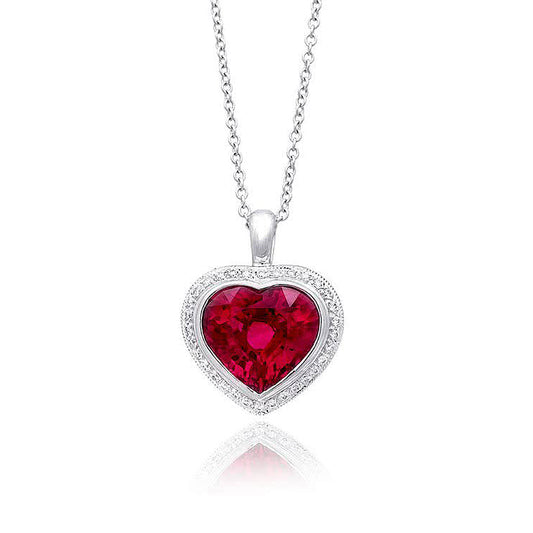 18K White Gold 2.92ct TGW Rubellite and White Diamond Heart Pendant Necklace