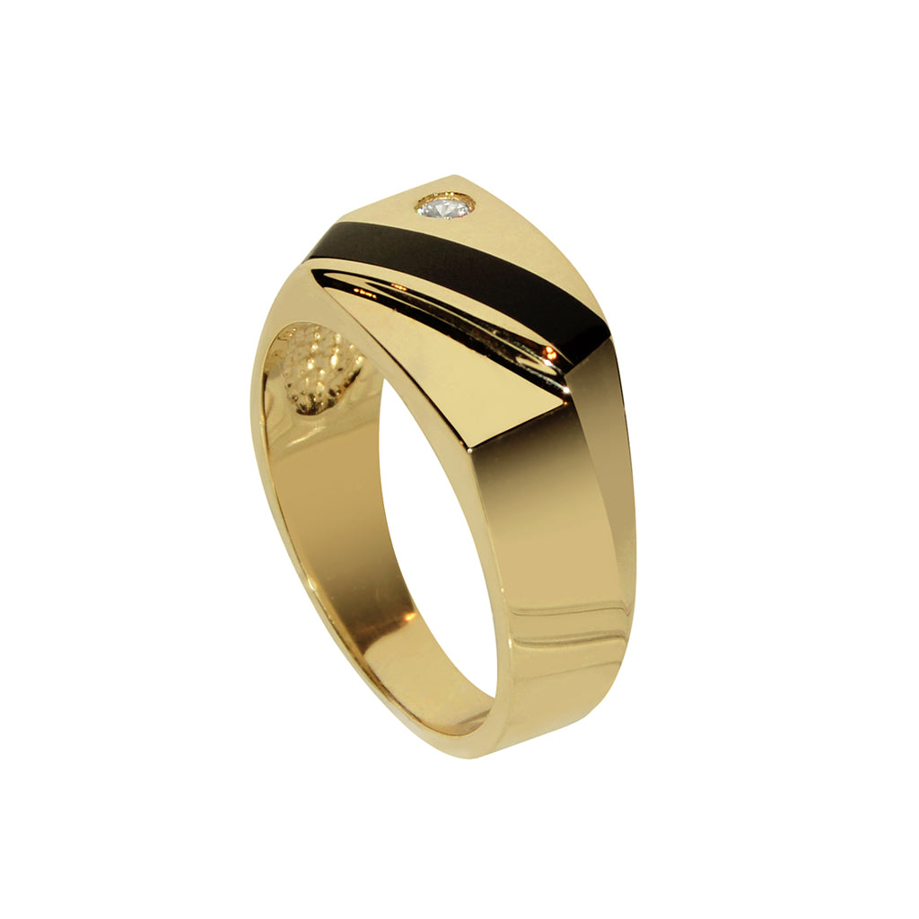 14k Yellow Gold Men's Onyx and Cubic Zirconia Ring