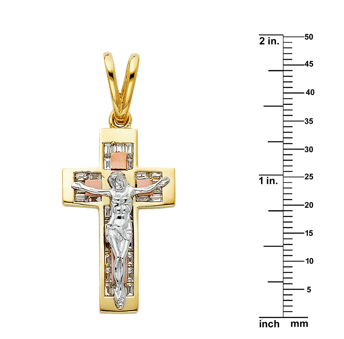 14k Tri-tone Gold Cubic Zirconia Fancy Crucifix Pendant with 2.2mm Figaro Chain