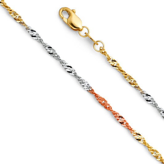 14k Tri-tone Gold 1.5mm Thin & Dainty Singapore Chain