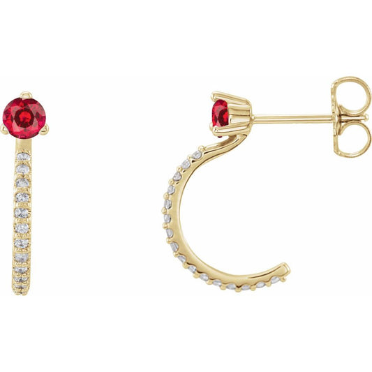 14k Yellow Gold Lab-Grown Ruby & 1/6 CTW Natural Diamond Hoop Earrings