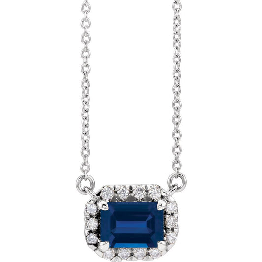 14k White Gold 7x5 mm Natural Blue Sapphire & 1/5 CTW Natural Diamond Halo-Style 16" Necklace