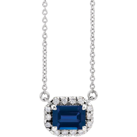 14k White Gold 7x5 mm Natural Blue Sapphire & 1/5 CTW Natural Diamond Halo-Style 16" Necklace