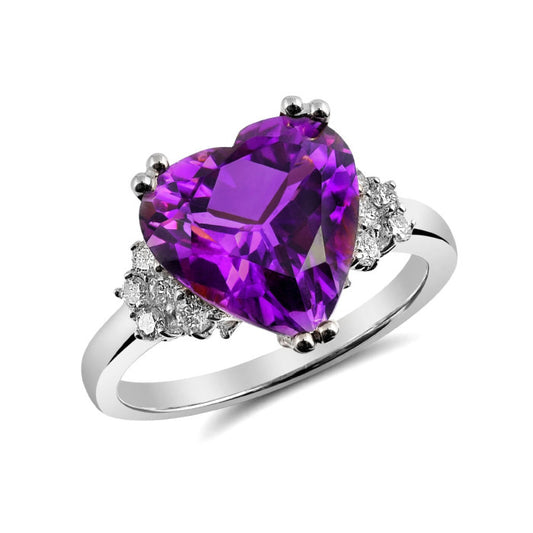 14K White Gold 3.79ct TGW Amethyst and Diamonds Heart-Cut One of a Kind Ring