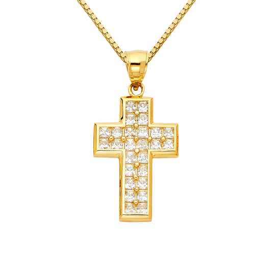 14k Yellow Gold Cubic Zirconia Multi-row Cross Pendant with 0.80mm Box Chain