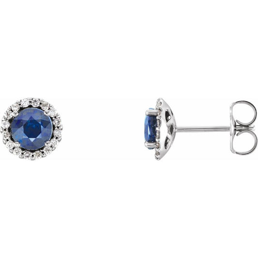 14k White Gold 4 mm Natural Blue Sapphire & 1/10 CTW Natural Diamond Earrings