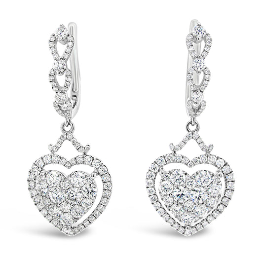 18k White Gold 1.91ct TDW White Diamond Dangling Heart Cluster Earrings