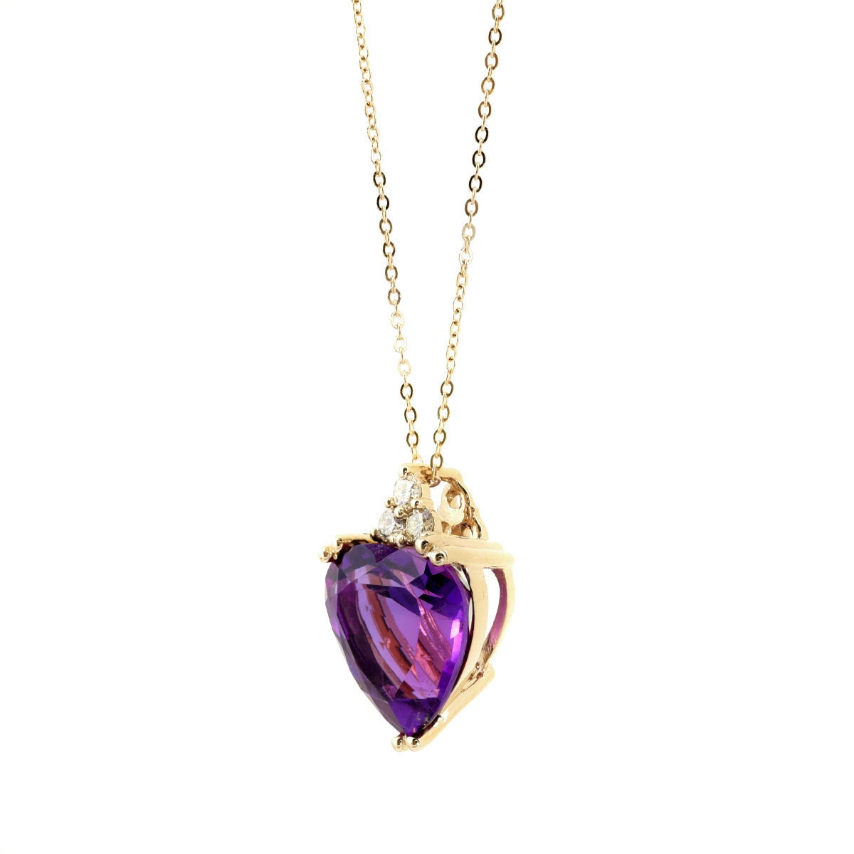 14K Yellow Gold 2.51ct AAA Natural Amethyst and Diamond Heart Necklace