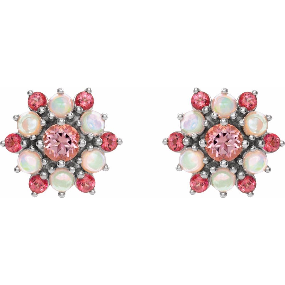 14k White Gold Natural Pink Tourmaline & Natural Ethiopian Opal Cabochon Earrings