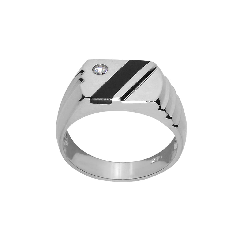 14k White Gold Gents Onyx and Cubic Zirconia Ring