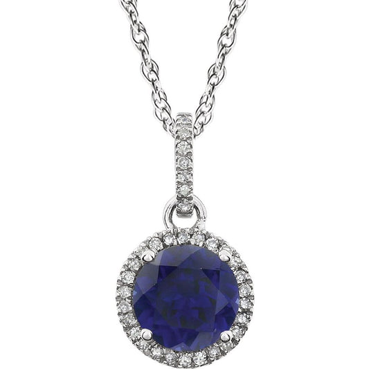 14k White Gold Lab-Grown Blue Sapphire & 1/10 CTW Natural Diamond 18" Necklace